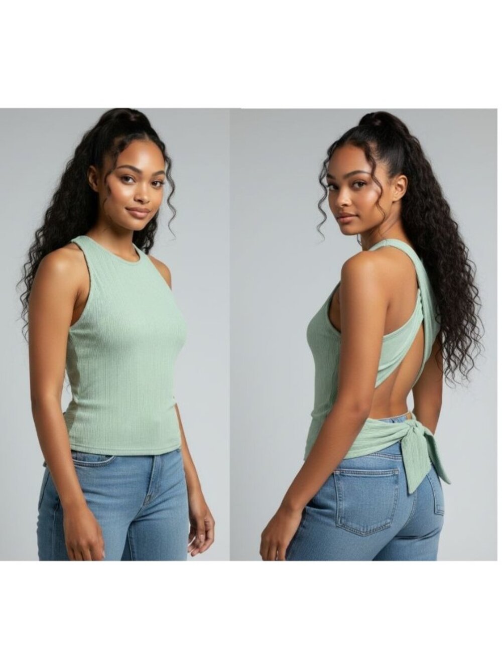LUSH Junior’s Ribbed Sleeveless Wrap Tie Back Top, Mint Green, Sz. M